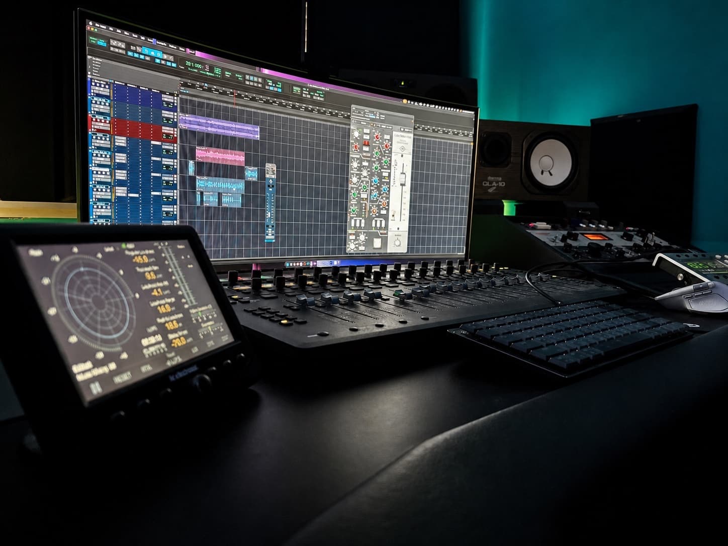 Wide view across the Aura Studios mixing desk